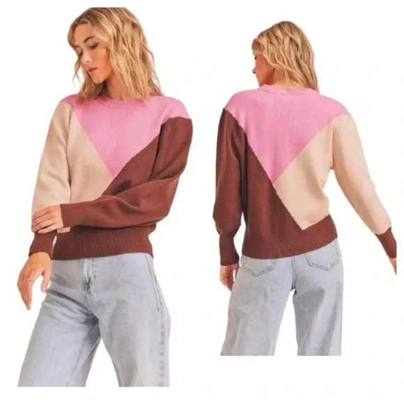 LUSH | Pink, Cognac Supersoft Geo Colorblock Crewneck Jumper Sweater Size S (NWT - Picture 3 of 7